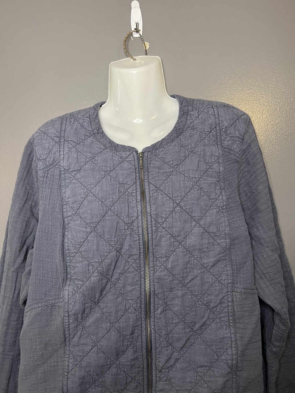 J Jill Jacket Womens Large Gray Quilted Cotton Full Zip Collarless Lightweight